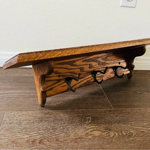 Rustic Brown Wall Shelf with Hooks